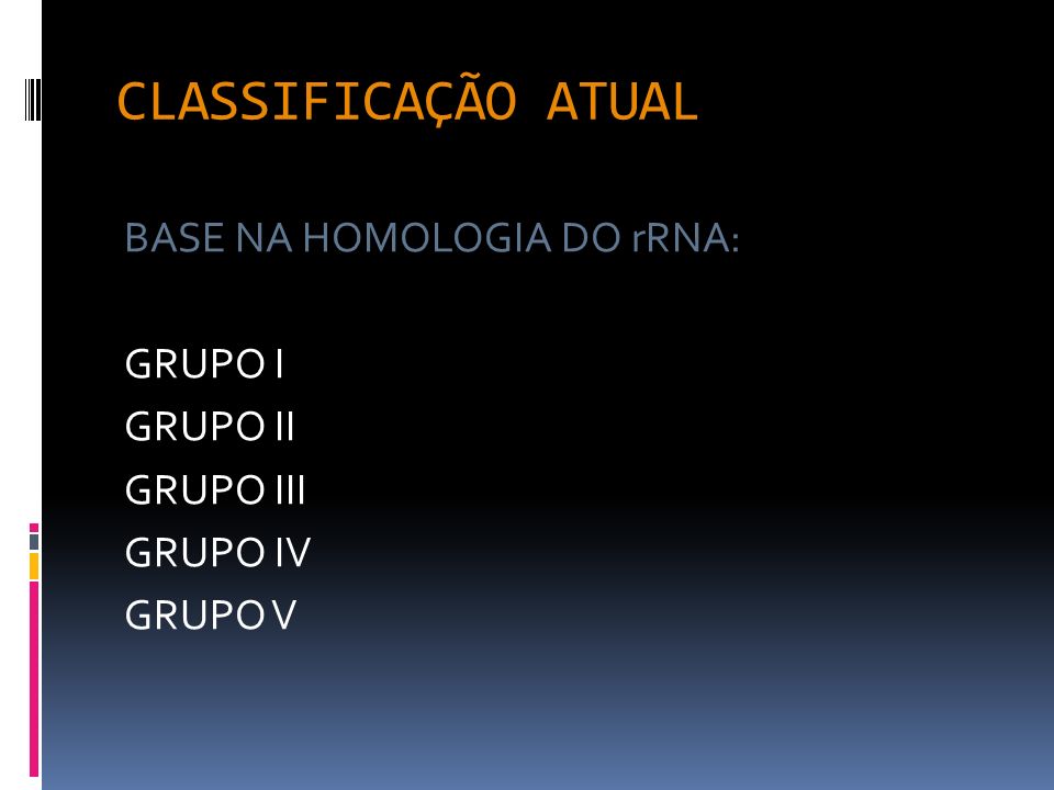 CLASSIFICAÇÃO ATUAL BASE NA HOMOLOGIA DO rRNA: GRUPO I GRUPO II