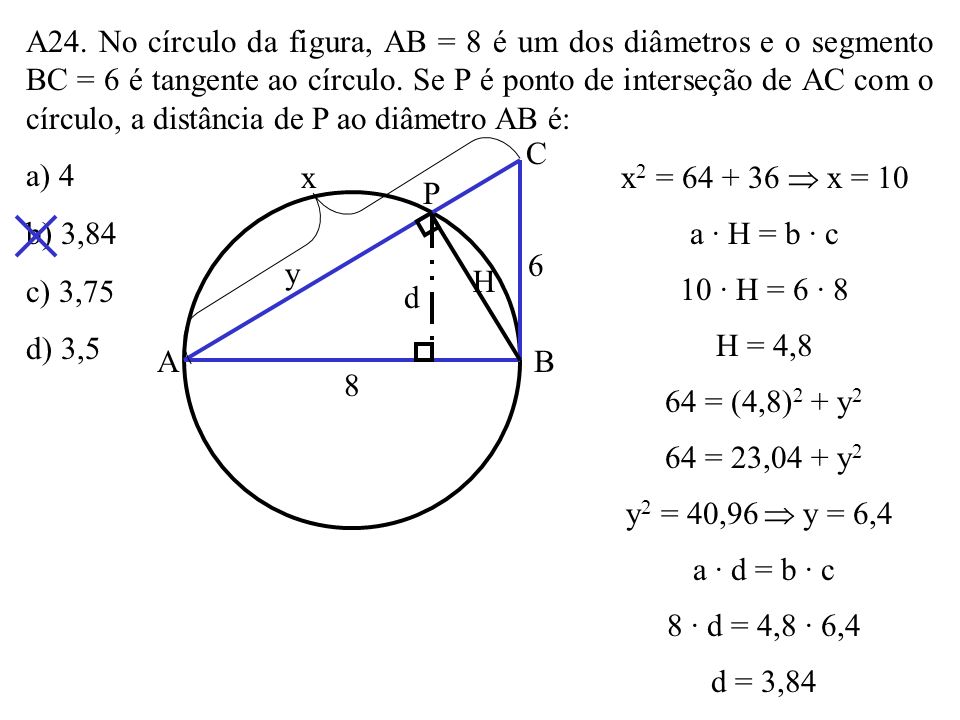 A24. No círculo da figura, AB = 8 é um dos diâmetros e o segmento BC = 6 é tangente ao círculo. Se P é ponto de interseção de AC com o círculo, a distância de P ao diâmetro AB é: