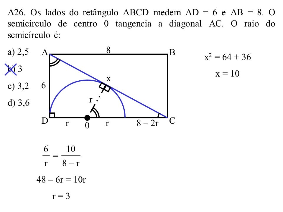 A26. Os lados do retângulo ABCD medem AD = 6 e AB = 8