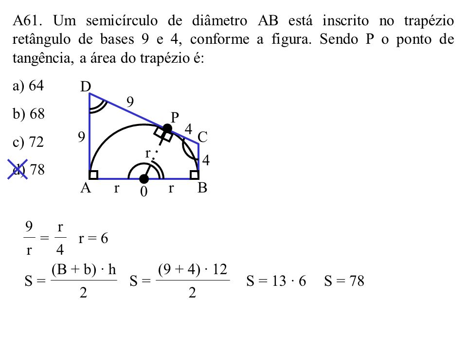 A61. Um semicírculo de diâmetro AB está inscrito no trapézio retângulo de bases 9 e 4, conforme a figura. Sendo P o ponto de tangência, a área do trapézio é: