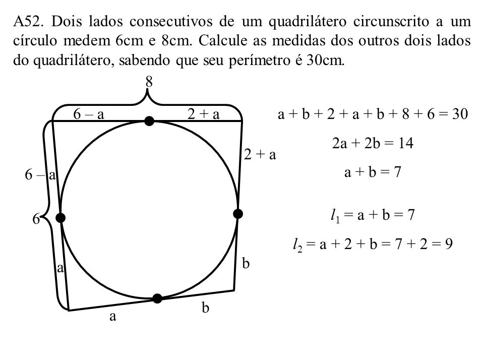 A52. Dois lados consecutivos de um quadrilátero circunscrito a um círculo medem 6cm e 8cm. Calcule as medidas dos outros dois lados do quadrilátero, sabendo que seu perímetro é 30cm.