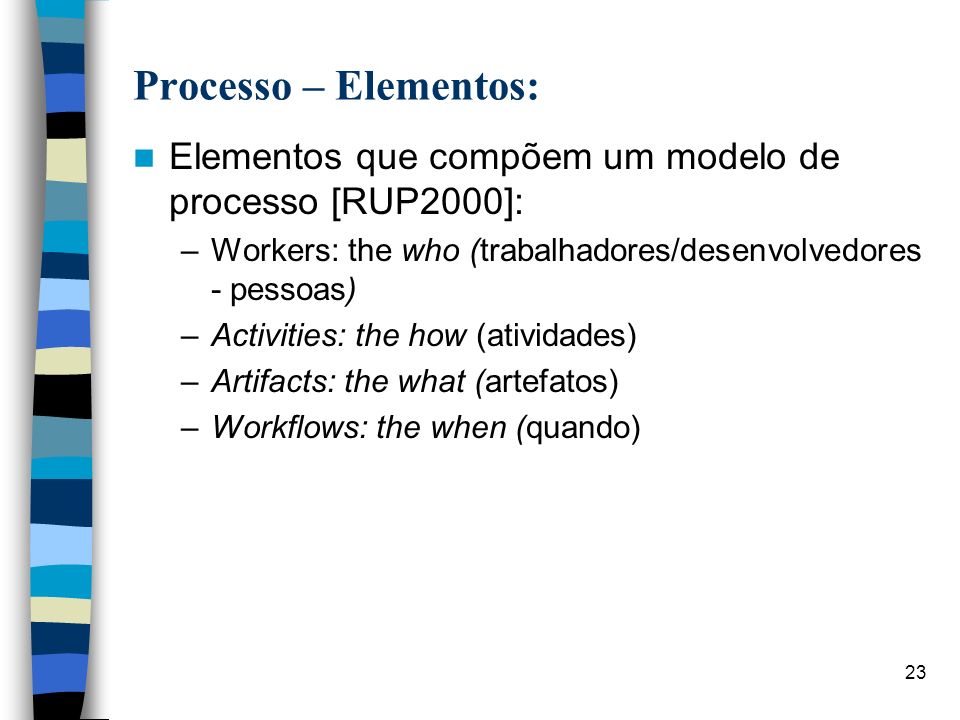 Processo – Elementos: Elementos que compõem um modelo de processo [RUP2000]: Workers: the who (trabalhadores/desenvolvedores - pessoas)