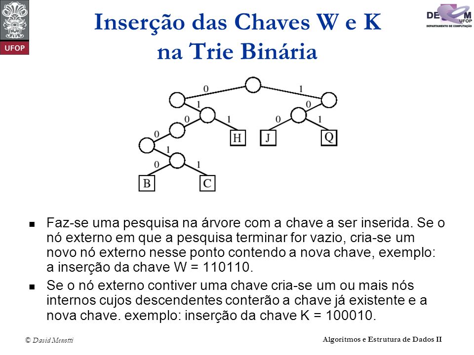 Inserção das Chaves W e K na Trie Binária