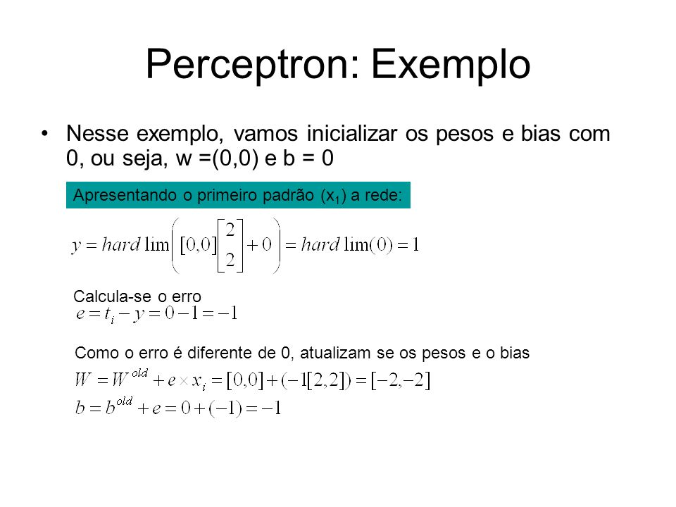 Perceptron: Exemplo Nesse exemplo, vamos inicializar os pesos e bias com 0, ou seja, w =(0,0) e b = 0.