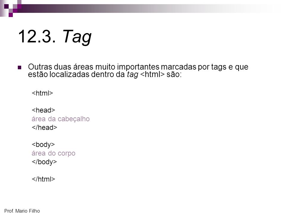 12.3. Tag Outras duas áreas muito importantes marcadas por tags e que estão localizadas dentro da tag <html> são: