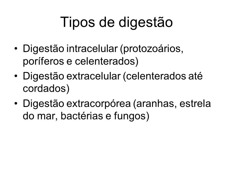Tipos de digestão Digestão intracelular (protozoários, poríferos e celenterados) Digestão extracelular (celenterados até cordados)