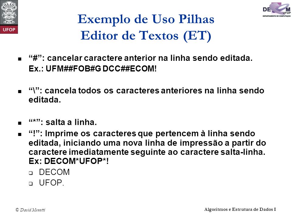 Exemplo de Uso Pilhas Editor de Textos (ET)