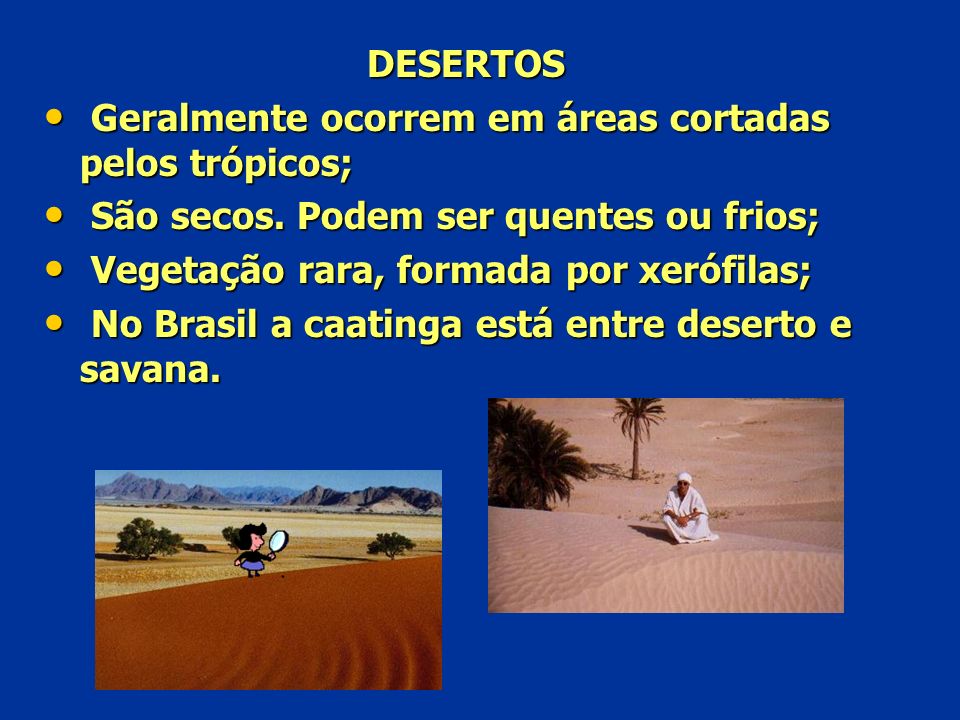 DESERTOS Geralmente ocorrem em áreas cortadas pelos trópicos; São secos. Podem ser quentes ou frios;