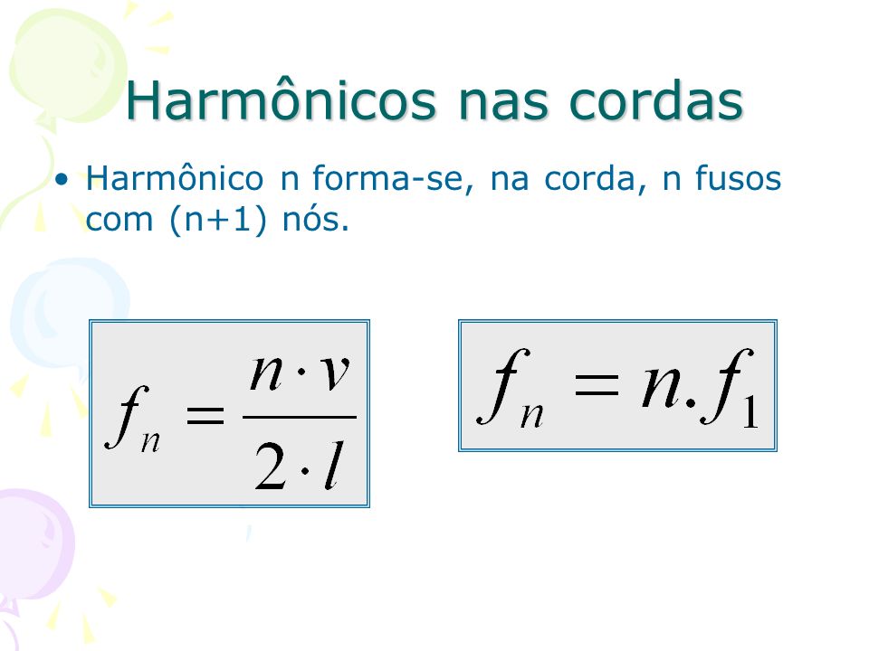 Harmônicos nas cordas Harmônico n forma-se, na corda, n fusos com (n+1) nós.