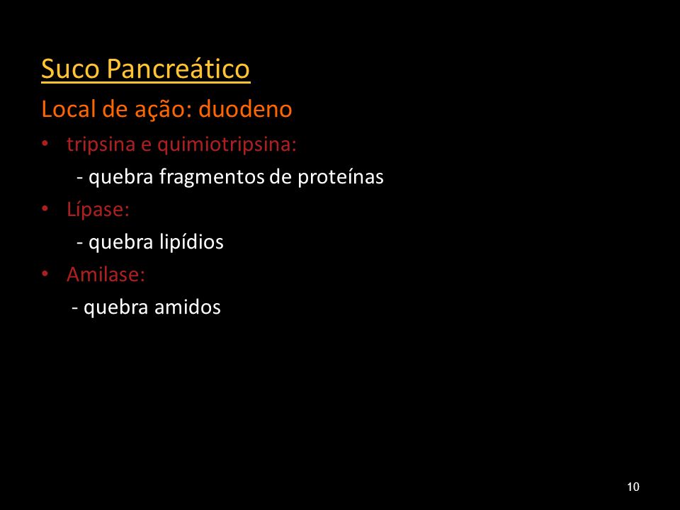 Suco Pancreático Local de ação: duodeno tripsina e quimiotripsina: