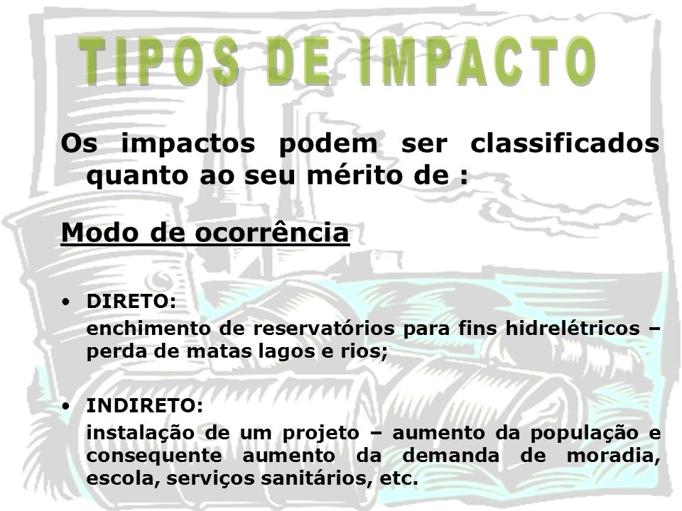 TIPOS DE IMPACTO Os impactos podem ser classificados quanto ao seu mérito de : Modo de ocorrência.