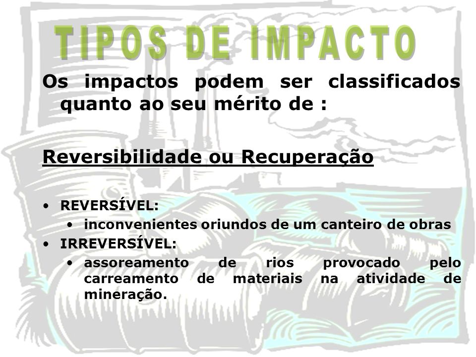 TIPOS DE IMPACTO Os impactos podem ser classificados quanto ao seu mérito de : Reversibilidade ou Recuperação.