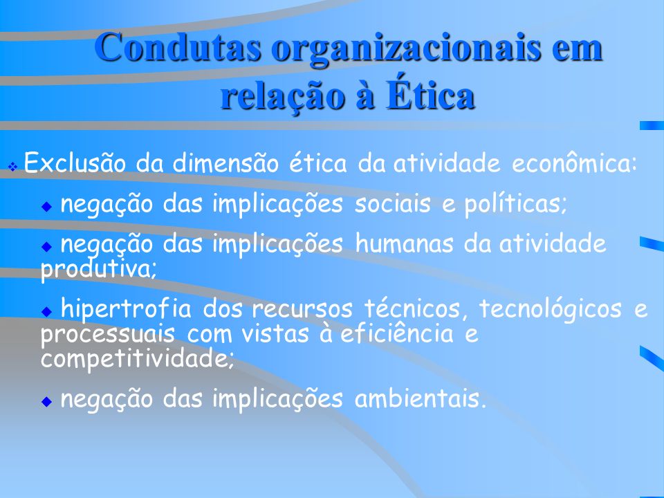 Condutas organizacionais em relação à Ética