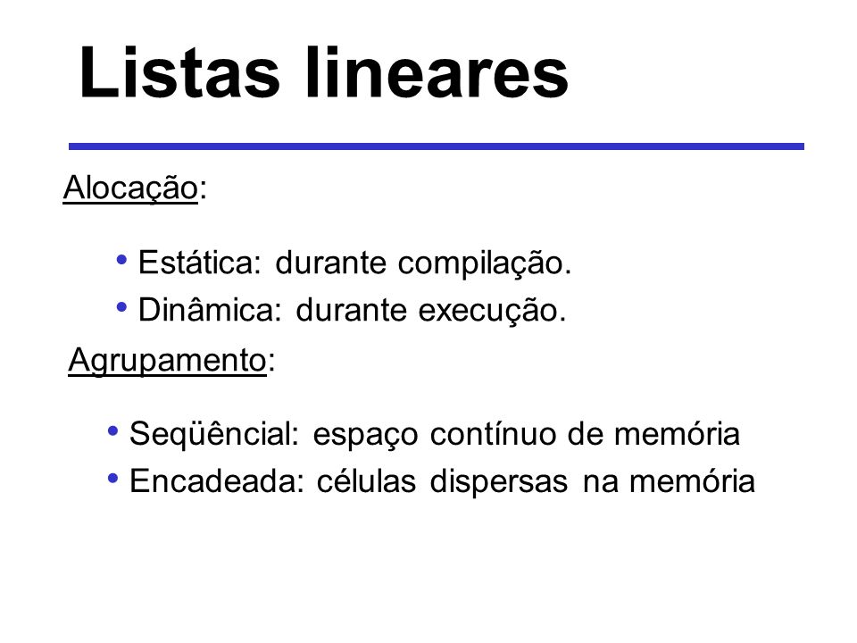 Listas lineares Alocação: Estática: durante compilação.