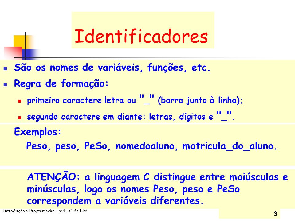 Identificadores São os nomes de variáveis, funções, etc.