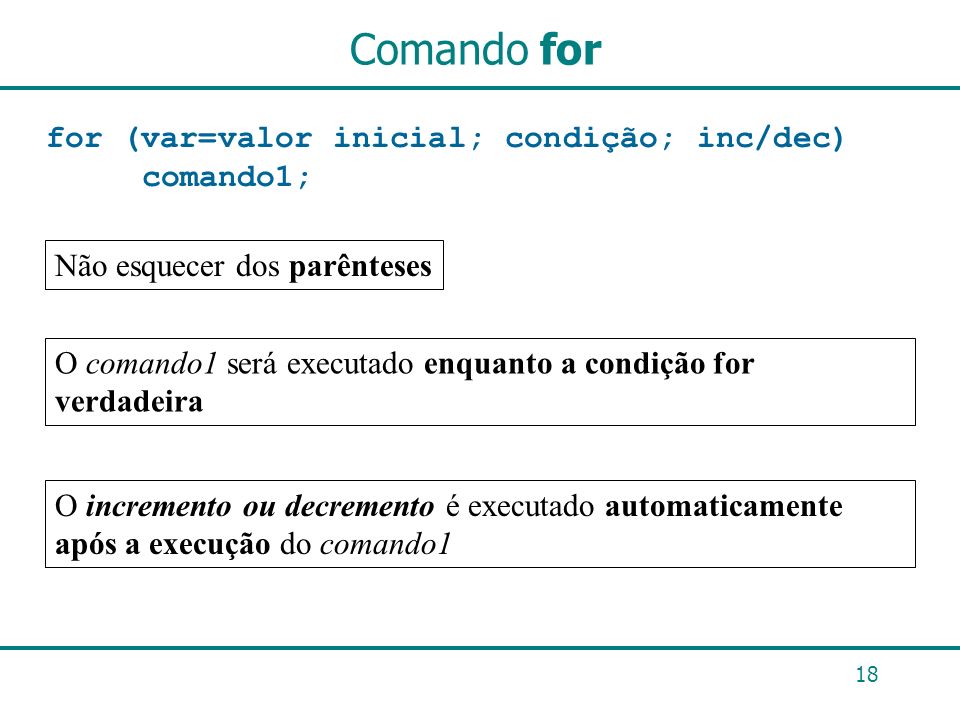 Comando for for (var=valor inicial; condição; inc/dec) comando1;
