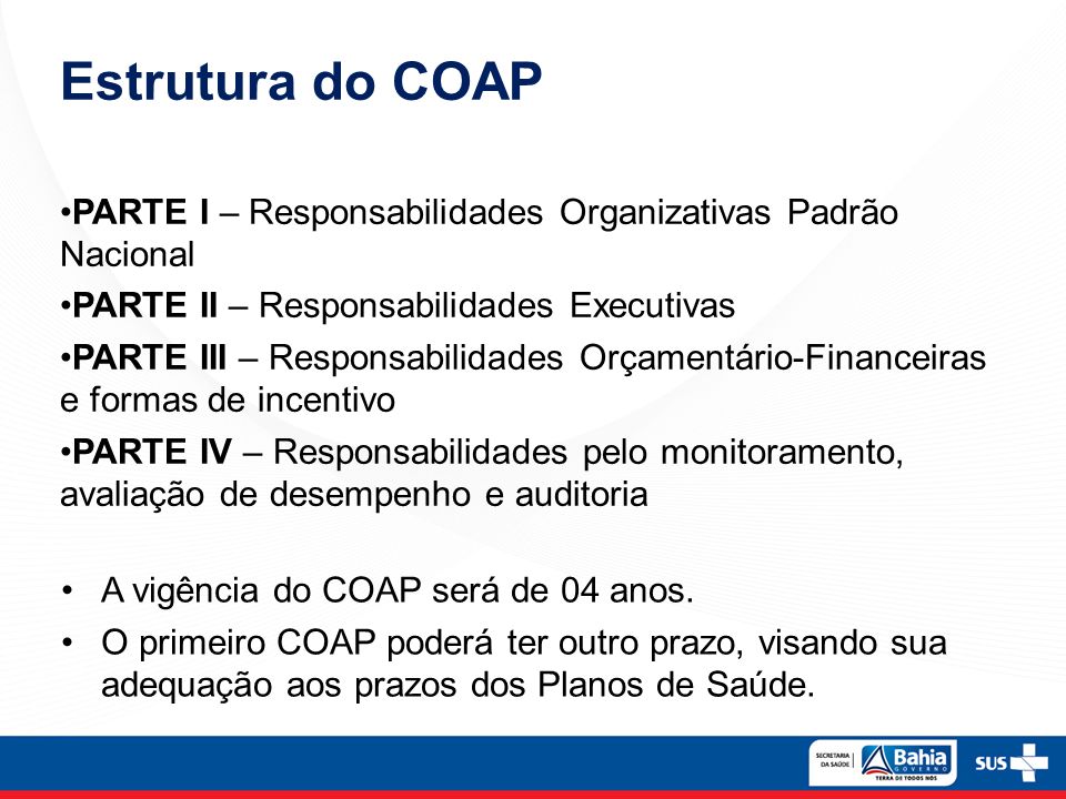Estrutura do COAP PARTE I – Responsabilidades Organizativas Padrão Nacional. PARTE II – Responsabilidades Executivas.