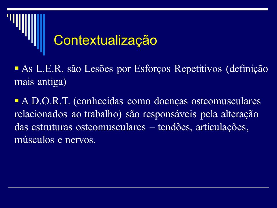 Contextualização As L.E.R. são Lesões por Esforços Repetitivos (definição mais antiga)