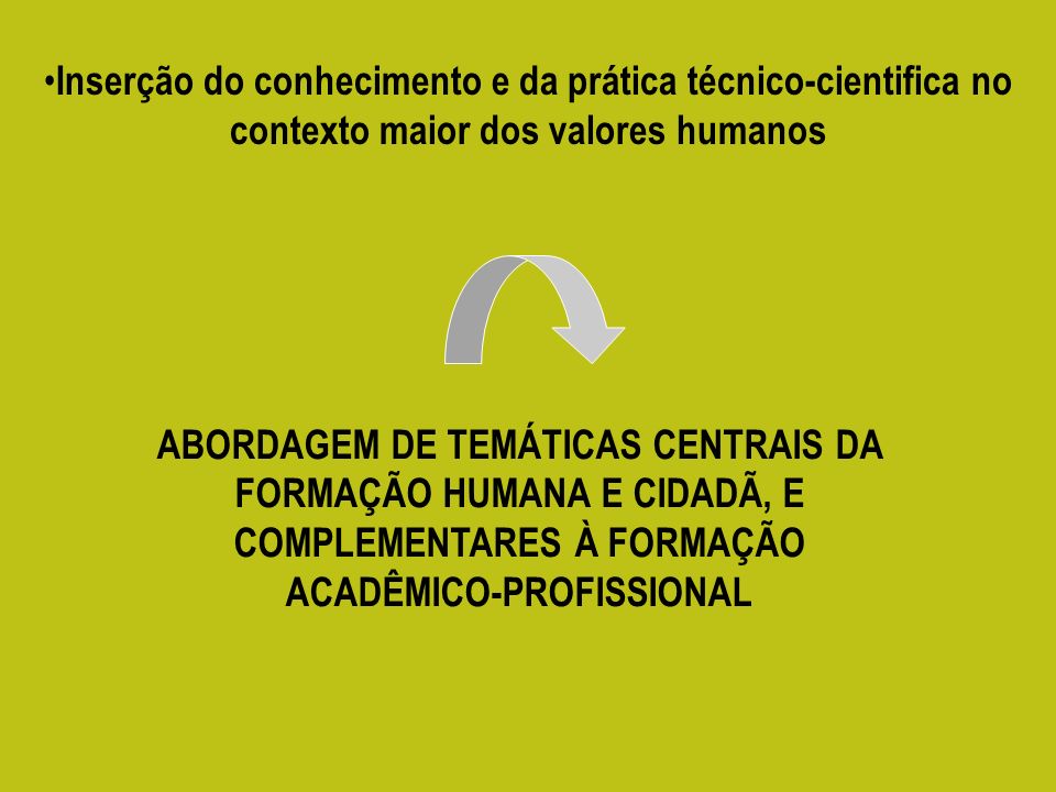Inserção do conhecimento e da prática técnico-cientifica no contexto maior dos valores humanos.