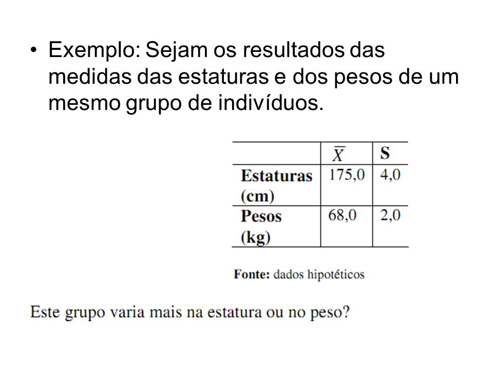 Exemplo: Sejam os resultados das medidas das estaturas e dos pesos de um mesmo grupo de indivíduos.