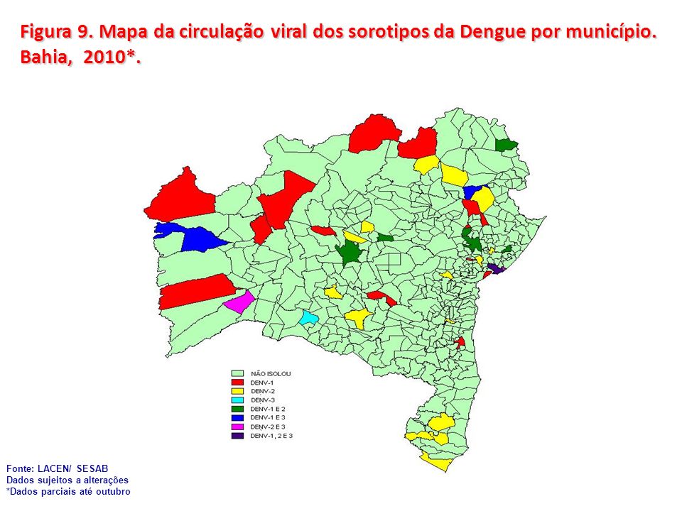 Figura 9. Mapa da circulação viral dos sorotipos da Dengue por município. Bahia, 2010*.