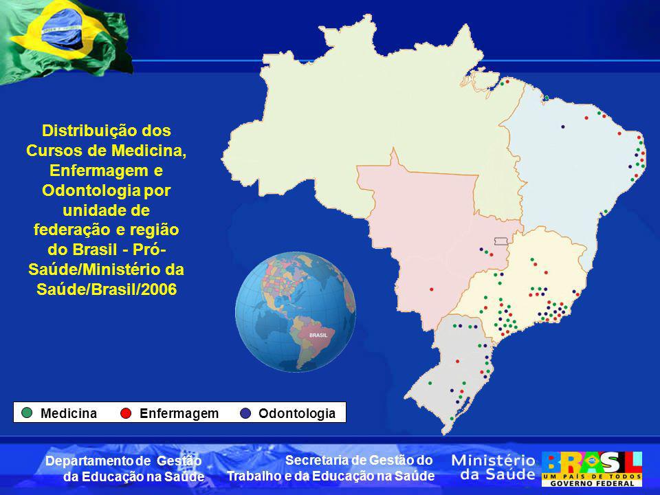 Distribuição dos Cursos de Medicina, Enfermagem e Odontologia por unidade de federação e região do Brasil - Pró-Saúde/Ministério da Saúde/Brasil/2006