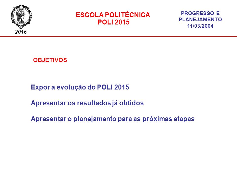 Expor a evolução do POLI 2015 Apresentar os resultados já obtidos