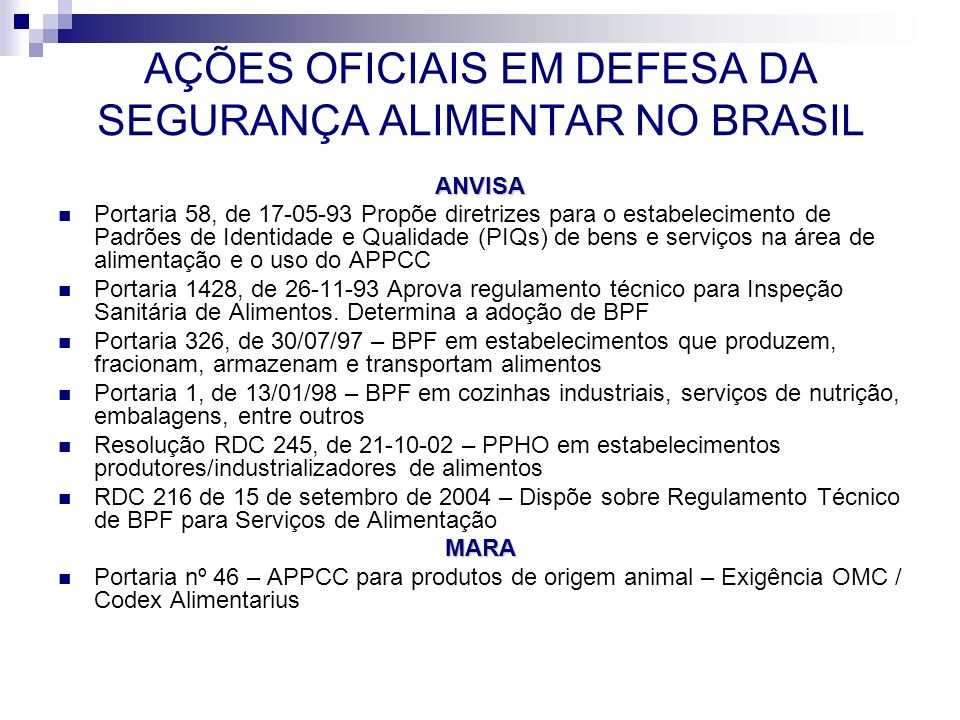 AÇÕES OFICIAIS EM DEFESA DA SEGURANÇA ALIMENTAR NO BRASIL