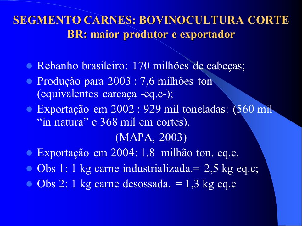 SEGMENTO CARNES: BOVINOCULTURA CORTE BR: maior produtor e exportador