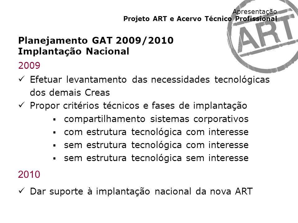 2010 Planejamento GAT 2009/2010 Implantação Nacional 2009