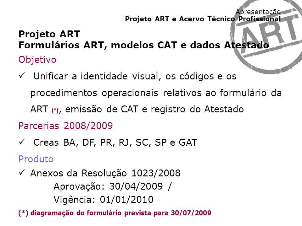 Formulários ART, modelos CAT e dados Atestado Objetivo