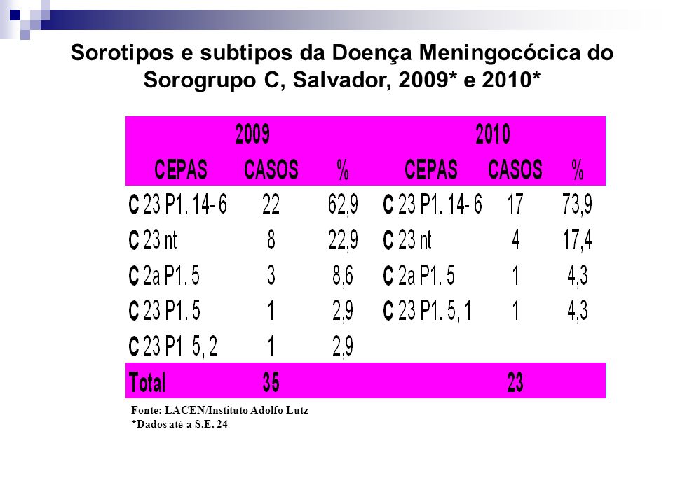Sorotipos e subtipos da Doença Meningocócica do Sorogrupo C, Salvador, 2009* e 2010*