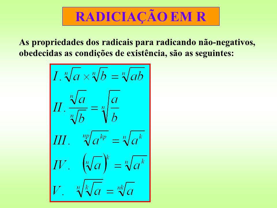 RADICIAÇÃO EM R As propriedades dos radicais para radicando não-negativos, obedecidas as condições de existência, são as seguintes: