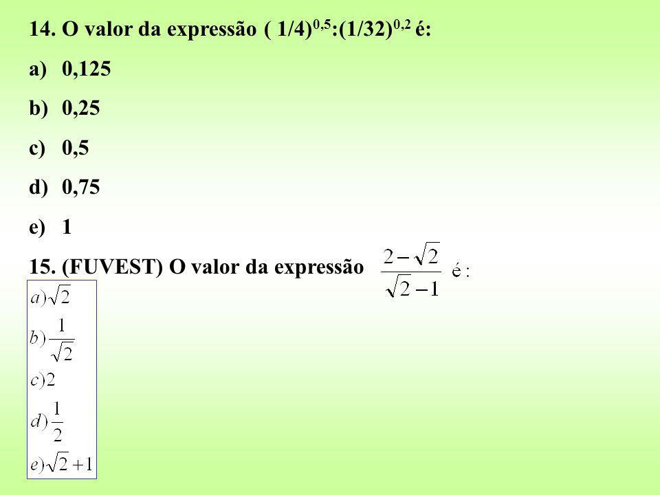 14. O valor da expressão ( 1/4)0,5:(1/32)0,2 é:
