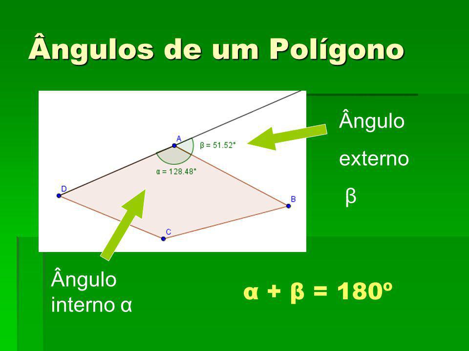 Ângulos de um Polígono Ângulo externo β Ângulo interno α α + β = 180º