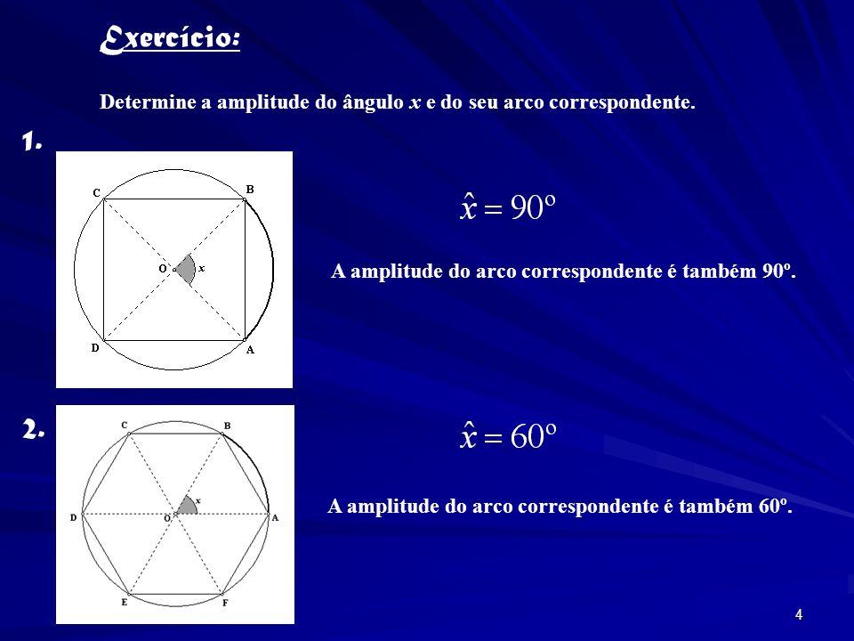 Exercício: Determine a amplitude do ângulo x e do seu arco correspondente. 1. A amplitude do arco correspondente é também 90º.