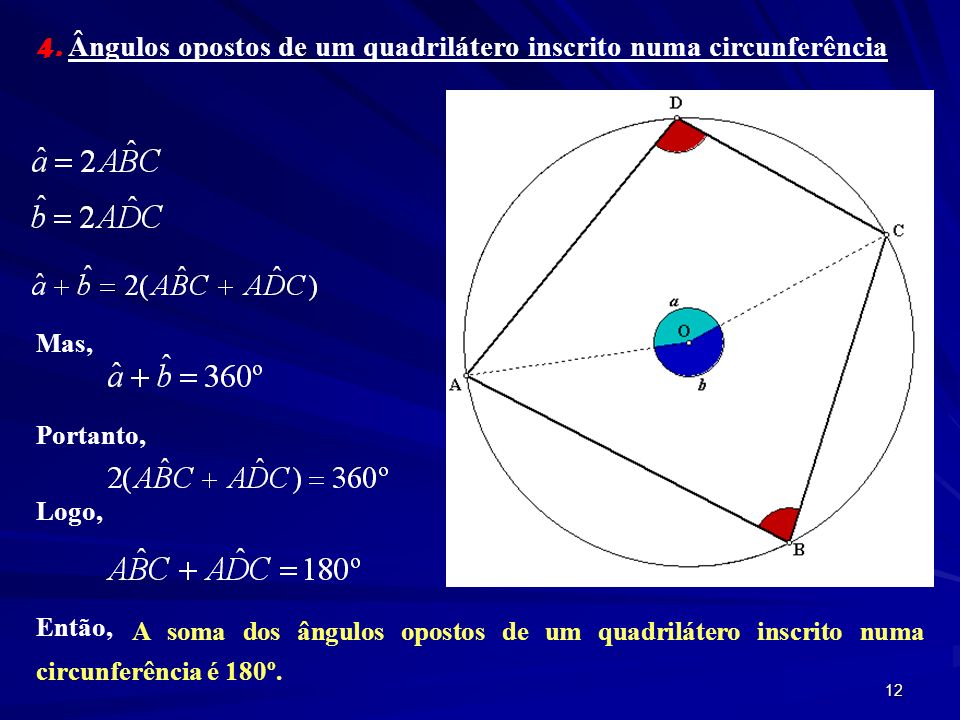 4. Ângulos opostos de um quadrilátero inscrito numa circunferência