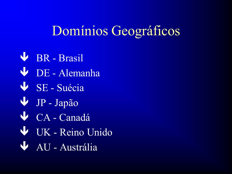 Domínios Geográficos BR - Brasil DE - Alemanha SE - Suécia JP - Japão