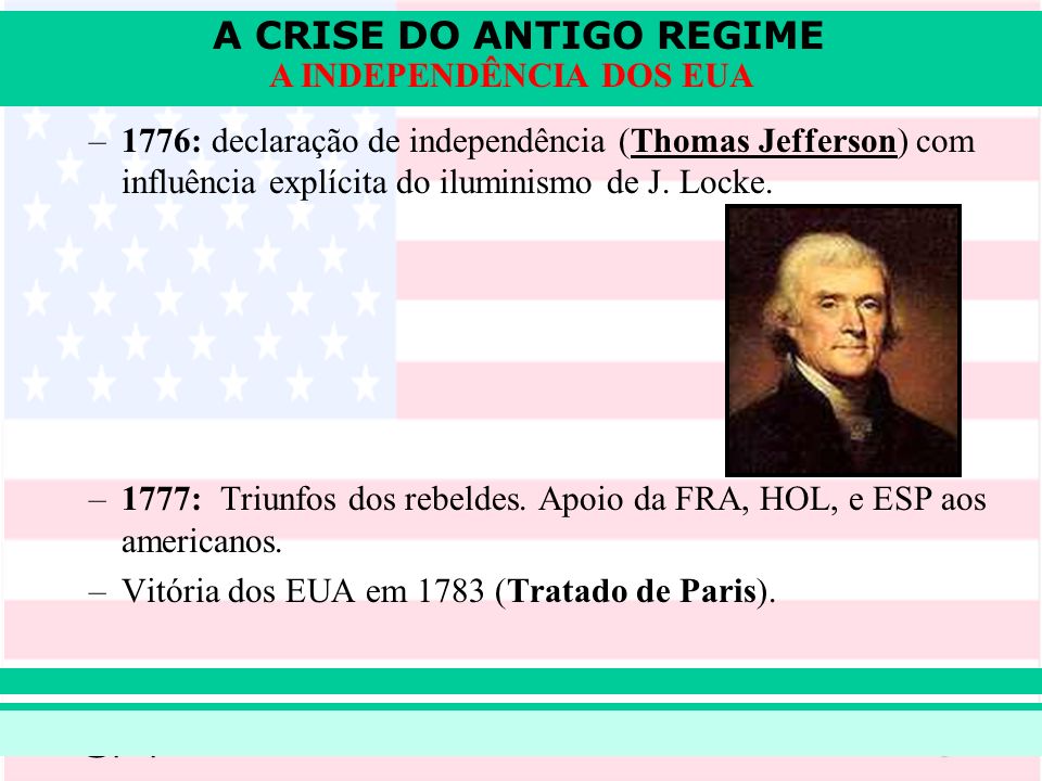 1776: declaração de independência (Thomas Jefferson) com influência explícita do iluminismo de J. Locke.