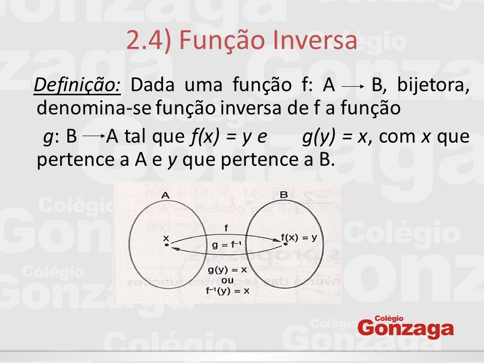 2.4) Função Inversa Definição: Dada uma função f: A B, bijetora, denomina-se função inversa de f a função.