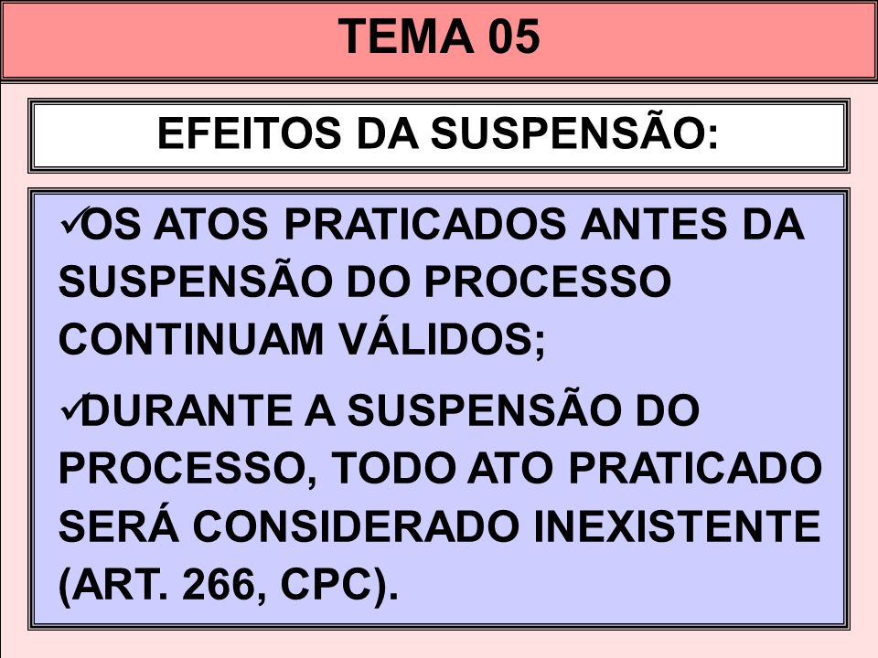 TEMA 05 EFEITOS DA SUSPENSÃO: