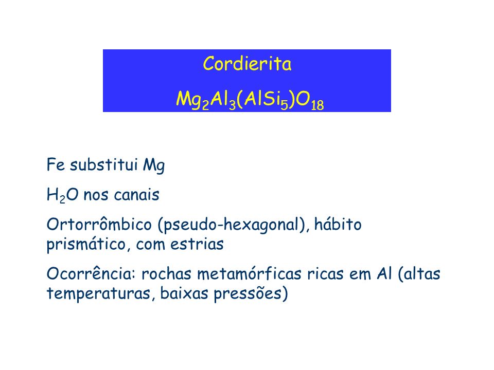 Cordierita Mg2Al3(AlSi5)O18 Fe substitui Mg H2O nos canais