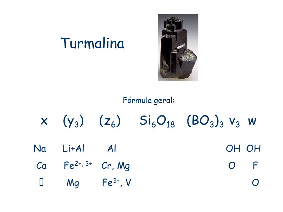 Turmalina x (y3) (z6) Si6O18 (BO3)3 v3 w Na Li+Al Al OH OH