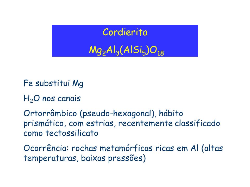 Cordierita Mg2Al3(AlSi5)O18 Fe substitui Mg H2O nos canais