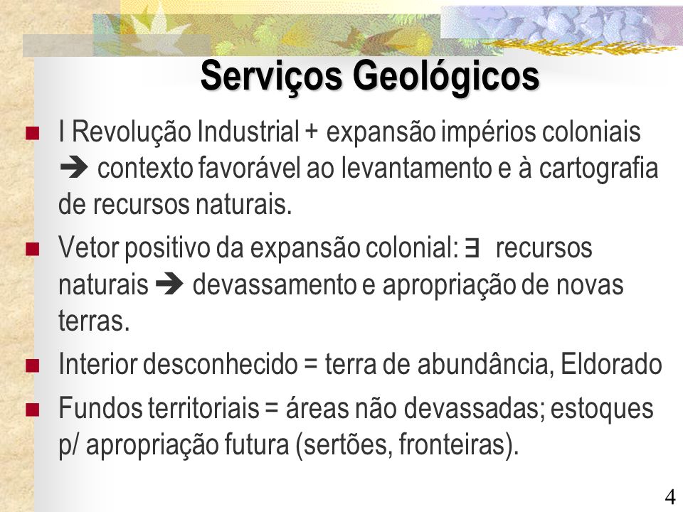 Serviços Geológicos I Revolução Industrial + expansão impérios coloniais  contexto favorável ao levantamento e à cartografia de recursos naturais.