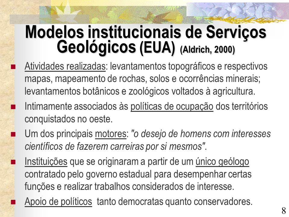 Modelos institucionais de Serviços Geológicos (EUA) (Aldrich, 2000)