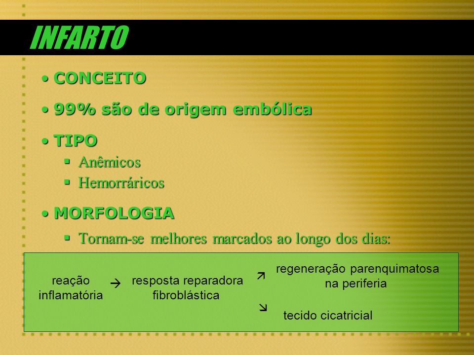 INFARTO CONCEITO 99% são de origem embólica TIPO Anêmicos Hemorráricos