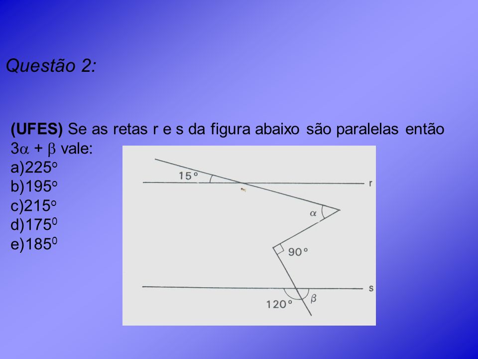 Questão 2: (UFES) Se as retas r e s da figura abaixo são paralelas então 3 +  vale: 225o. 195o.