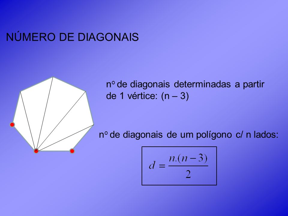 NÚMERO DE DIAGONAIS no de diagonais determinadas a partir de 1 vértice: (n – 3) no de diagonais de um polígono c/ n lados: