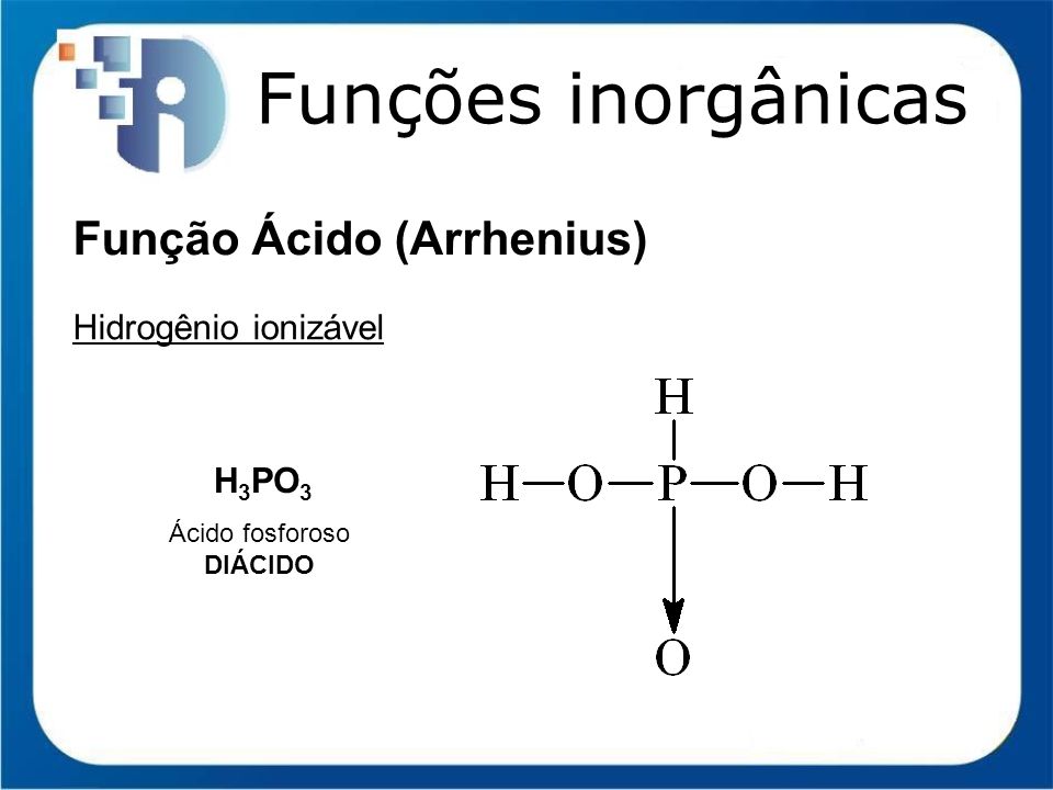 Funções inorgânicas Função Ácido (Arrhenius) Hidrogênio ionizável